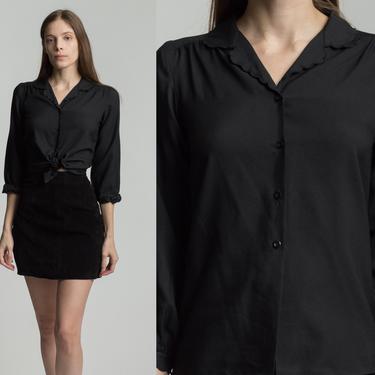 70s Black Scalloped Collar Blouse - Petite XS | Vintage Boho Long Sleeve Button Up Top 
