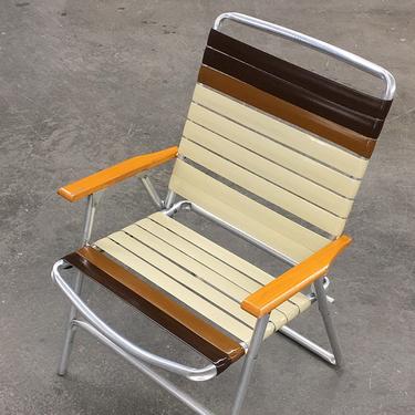 Vintage Lawn Chair Retro 1970s Mid Century Modern + Brown + Beige Vinyl Straps  + Sliver Aluminum Frame + Folds Up + Outdoor Seating + Patio 
