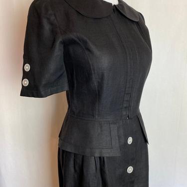 Vintage Miss V Valentino black linen dress~ short fitted shirt dress~ mint condition~ Peter Pan collar~ 1980’s-90’s~ Italy~ size 6 /euro 40 