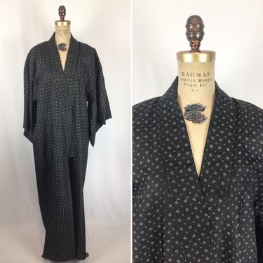 Vintage 50s Kimono | Vintage black silk cotton kimono | 1950s leaf Diamond print kimono robe 