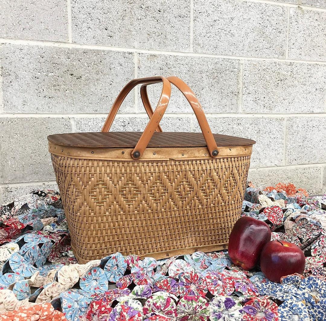 Picnic Basket Vintage Woven on sale Wicker Mid Century Retro