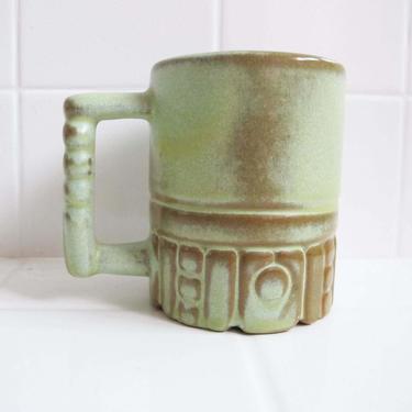 Vintage 60s Frankoma Aztec Mug - 60s Coffee Mug - Mint Green Brown Ceramic Mug - Bohemian Kitchen - Coffee Lover Gift Housewarming 