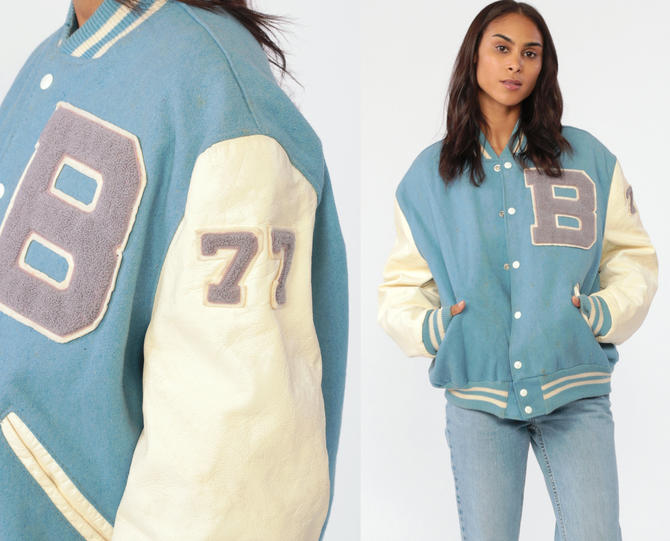 1977 Letterman Jacket Baby Blue Leather Wool Varsity Jacket 70s Baseball Jacket Coach Bomber Jacket Coat Snap Up B Vintage Extra Large Xl 46 By Shopexile From Shop Exile Of Los Angeles