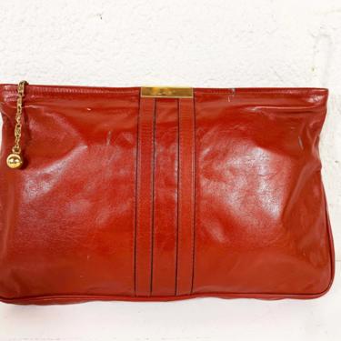 Vintage Reddish Brown Leather Clutch Bag Purse Handbag Tan Leather Burgundy Envelope Gold Evening 1960s 60s Boho Bohemian 