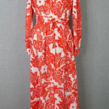 1970s Bright Orange Double Knit Maxi Dress - Retro - Mid Century Mod - Floral 