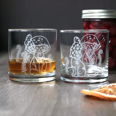 Mushroom Cats Tumbler Glass - Etched Lowball DOF or Highball Cocktail Glassware 