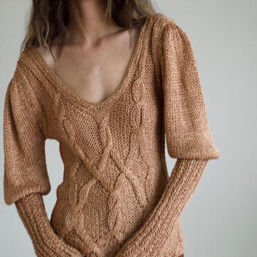 loose knit cableknit deep vneck pullover with leg o mutton sleeves 