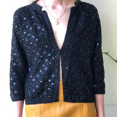 Virtual Garage Sale / 1960s Cardigan Sweater / Black Knit Sweater / Beaded Sequin Sweater / Holiday Party / Secretary CEO Sweater / Xmas 