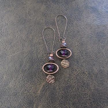 Long copper dangle earrings, bling, purple crystal earrings, artisan rustic earrings, ethnic earrings, boho chic earrings, unique earrings 2 