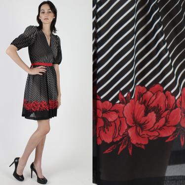 Vintage 70s Red Rose Floral Dress / Transparent Sheer Disco Party Wrap Dress / Lightweight Thin Deep V  Bodice / Black Striped Mini Dress 