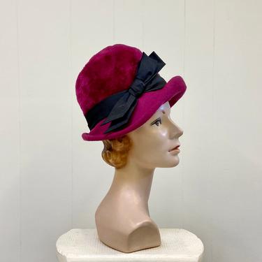 Vintage 1960s Fuchsia Bubble Hat, Mod Red-Violet Bucket Hat, Long-Nap Fur Velour, Armand Beverly Hills, Medium-Large 