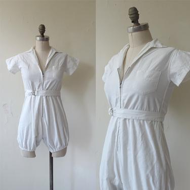 Vintage 50s Gym Uniform with Bloomers/ 1950s White Cotton Zip Up Belted Athletic Romper/ Size XS Small 