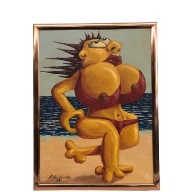 Vintage MCM Original Painting Woman On Beach Sand Bikini Signed 94 Handpainted Humor mid century modern retro deco human 