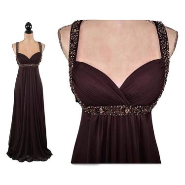 Brown Formal Dress XS Empire Waist Floor Length Gown Evening Chiffon Maxi Dress Long A Line Sweetheart Neckline Beaded Straps Ruched Bust 