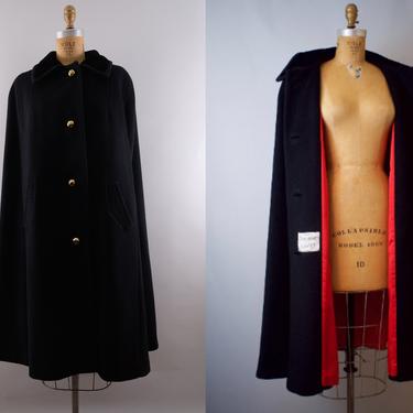 Vintage 60s Black Cape Heavyweight Wool Red Satin Lining One Size 