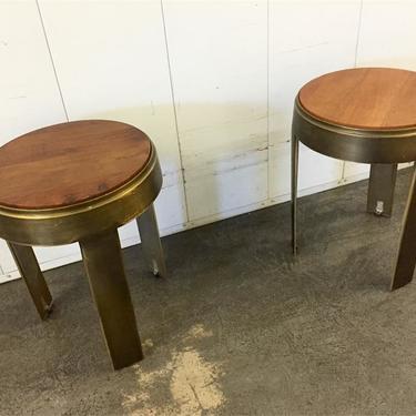 Pair Tall Round Bronze End Tables with Wood Tops