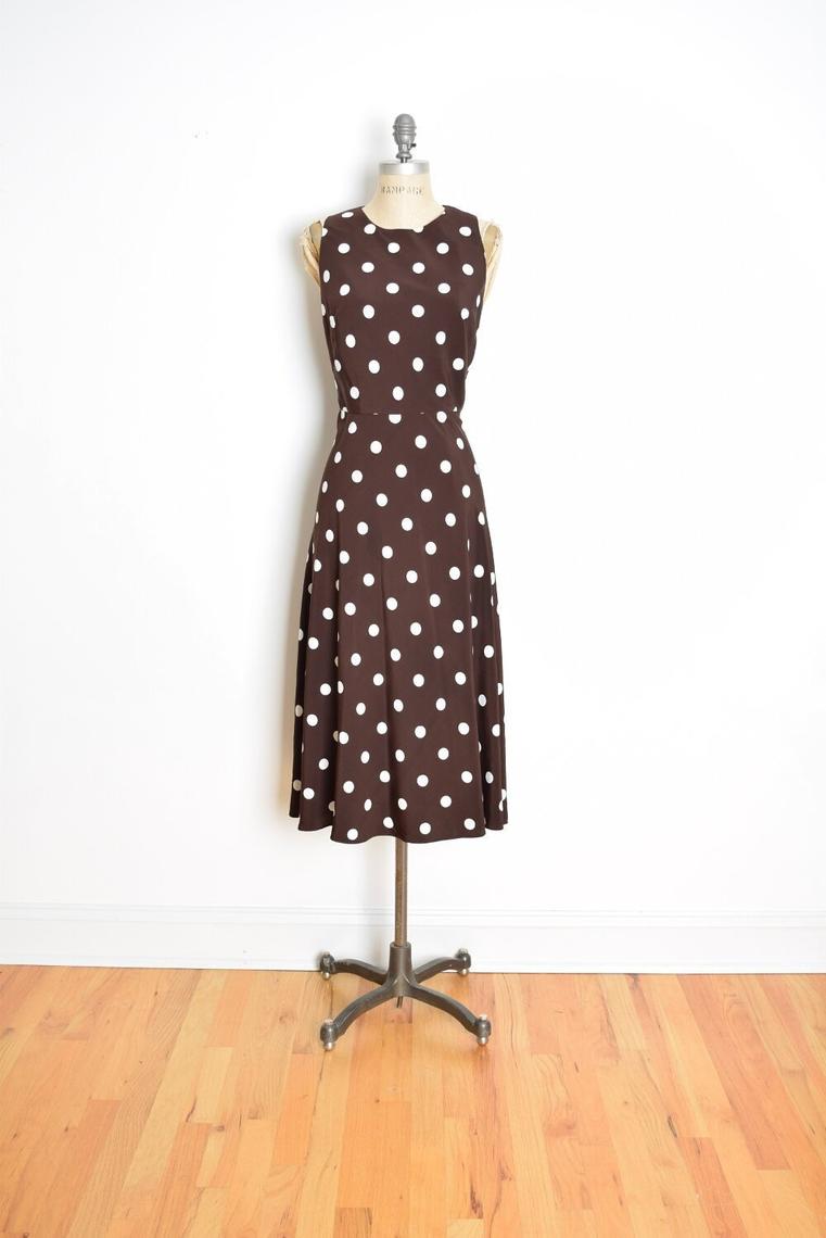 vintage 90s dress Ralph Lauren brown silk polka dot print | Hunca