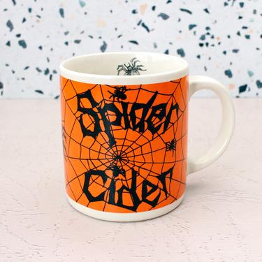 Vintage 1980s Halloween Mug Spider Cider - Spooky Spider Web Mug Orange &amp; Black 