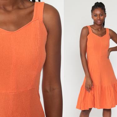 Orange Cotton Dress 70s Boho Dress Tiered Midi Bohemian Summer Sundress High Waist Vintage Plain Flounce Small 