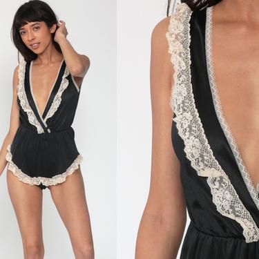 Lingerie Teddy Black Lace Romper Bodysuit Teddie 80s Ruffle One Piece Deep V Neck Romantic Vintage 1980s Sexy Small Medium 