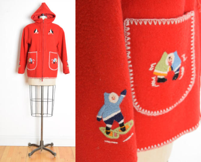 vintage 70s coat red wool embroidered Inuit Eskimo sled dogs Hunca Munca Vintage Chicago IL