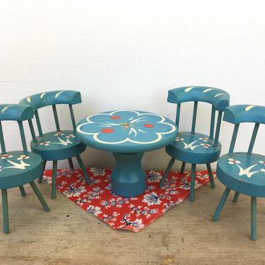 Vintage Wood Painted Doll House Table And 4 Chairs, Scandinavian Style, Dora Kuhn Look 