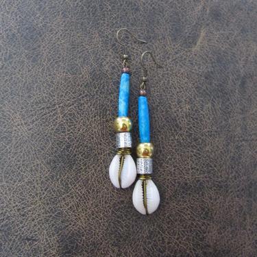 Cowrie shell earrings, carved bone earrings,African Afrocentric earrings, tribal jewelry, ethnic earrings, long dangle earrings, exotic blue 