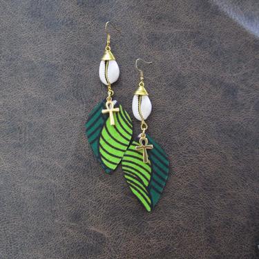 African print earrings, Ankara earrings, bold statement earrings, Afrocentric batik earrings, green fabric earrings, ankh, cowrie shell 