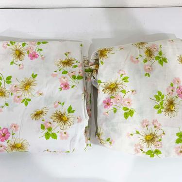 Vintage Morgan Jones Floral Flat Fitted Sheet Full Bed Set 2 Sheets Full Flowers Double Bedding Cotton Muslin Mid-Century Pair 70s 60s 