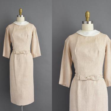 1950s vintage dress | Adorable Oatmeal Textured Cocktail Party Bridesmaid Wedding Dress | Large | 50s dress 