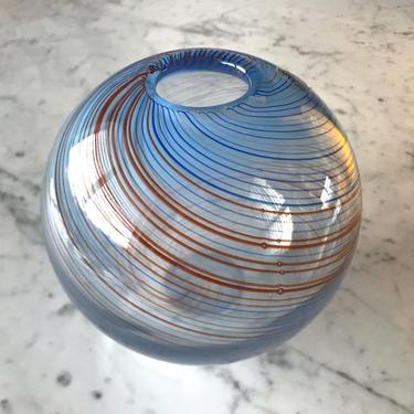 Vintage Modern Handblown Art Glass Ball Sphere Vase with Swirls Blue Clear Red DANSK International Designs 