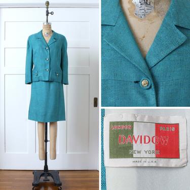 vintage early 1960s womens suit • teal blue linen & silk skirt set • boxy cut jacket by Davidow 