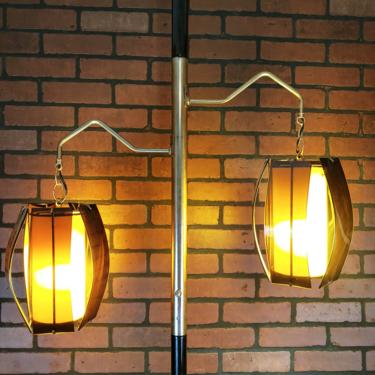 Retro 2 Chain Hanging Light Smoked Lucite Brown Shades Tension Pole Lamp Light 