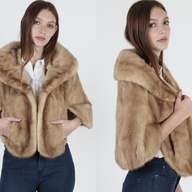 60s Natural Light Brown Mink Fur Capelet / 1960s Real Blonde Mink Cape / Vintage Huge Draped Fur Shawl Collar / Womens Cropped Lined Shrug 