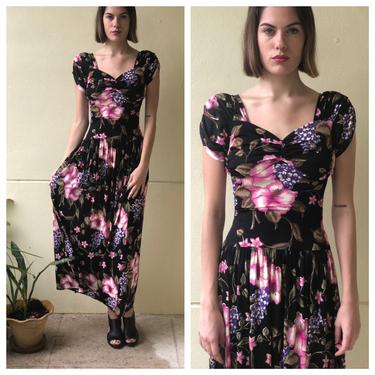 1940's Jersey Dress / Old Hollywood / Floral on Inky Black Print / Forties Starlet Gown / Evening Wear / Wedding Party / Anniversary 