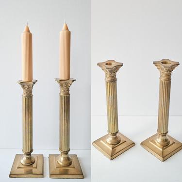 Set of Two Brass Greek Corinthian Column Shaped Candle Holders 