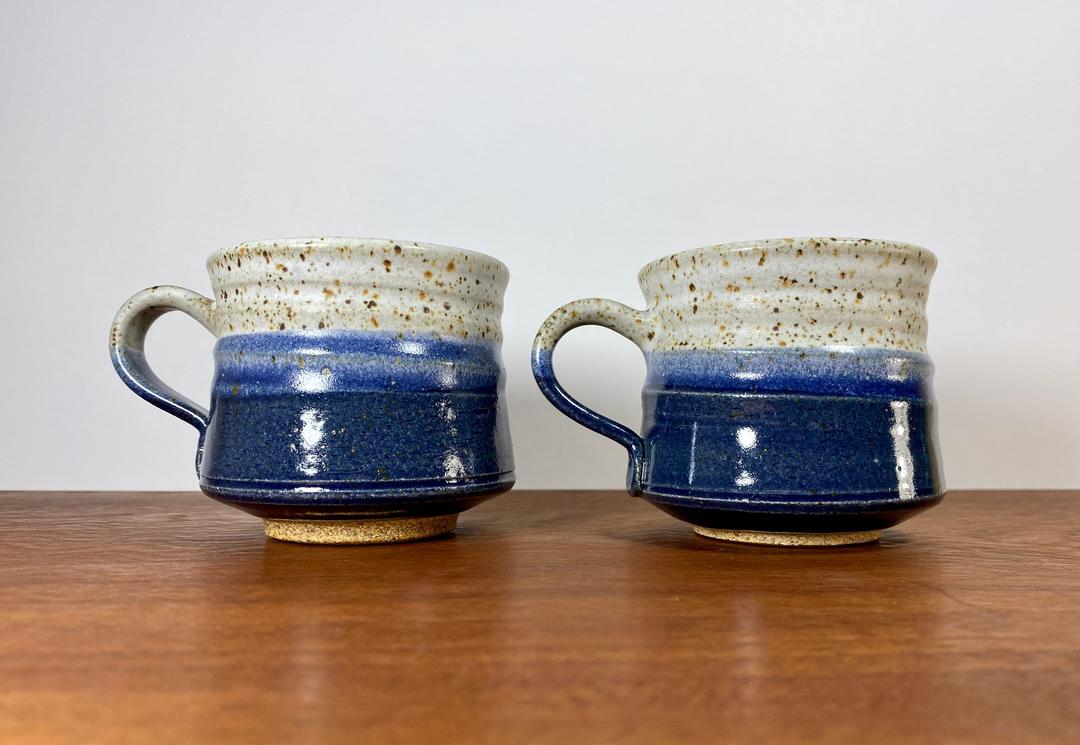 Vintage Orcas Island Pottery mugs / pair of signed blue ceramic