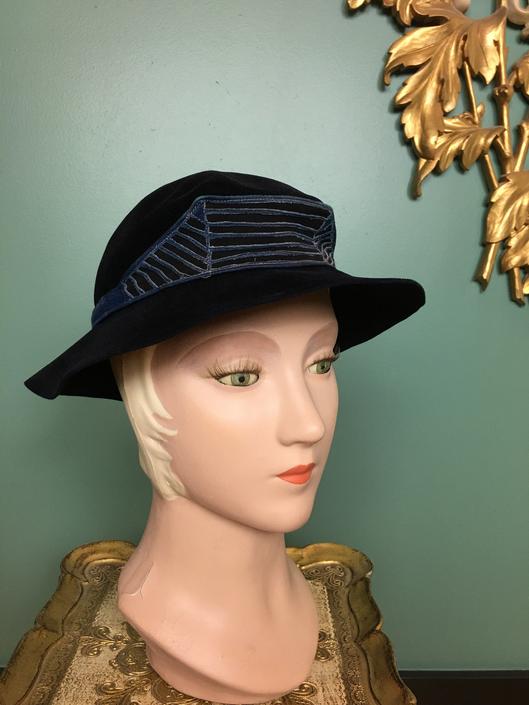 1930s Brown Velvet Picture Hat Vintage 30s Brimmed Hat Women's Fall Hats