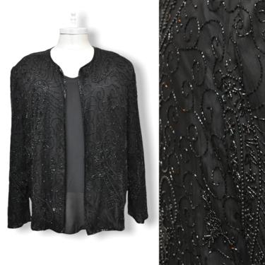 Vintage Black Silk Beaded Jacket Size 1x 2X Sequins Evening Jacket 