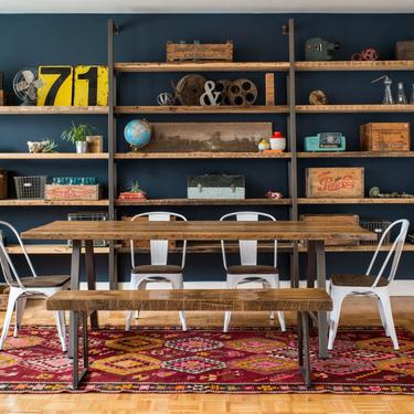 Vintage Reclaimed Wood Shelving/Media Center/Wall Storage, choice of finish and thickness, painted steel supports. 