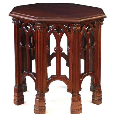 English Neo-Gothic Style Carved Solid Mahogany Octagonal Side/Drinks Table
