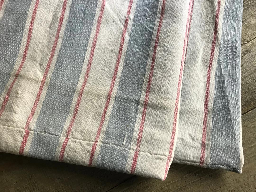 French Cotton Ticking Fabric, Blue Red Stripe, Linen, Upholstery Project, Jan's Vintage Stuff