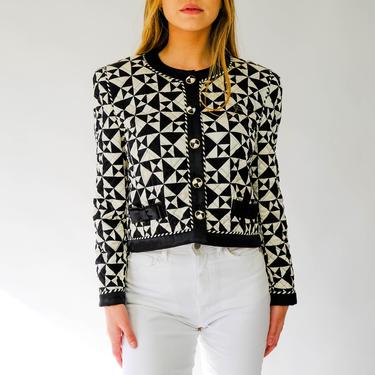 Vintage 90s Escada Quilted Silk Black & White Geometric Checkered Bolero Jacket w/ Dome Buttons | Made in Germany | 1990s Designer Jacket 