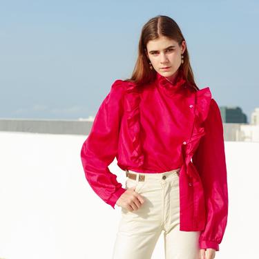 70s Dark Pink Ruffles Blouse Vintage High Collar Long Sleeve Top 