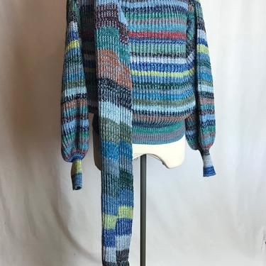70’s chunky wooly warm sweater~ huge poet sleeves~ wrapping fringed scarf collar~ unusual design~ 1970’s striped knit~ size Medium 