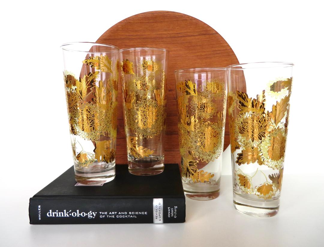 6 Vintage Gold & White COLLINS Highball Glasses, Vintage Tall Cocktail  Glasses, Home Bar Glasses, Gold and White Leaf Collins Glasses