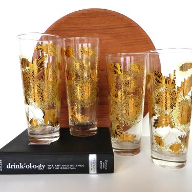 Set of 4 Vintage Bartlett Collins 22kt Gold Highball Cocktail Glasses With Floral Decor, Mid Century Modern Tall Ice Tea Glasses 