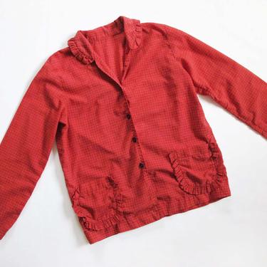 Vintage 70s Plaid Shirt XS S - 1970s Red Black Windowpane Grid Plaid Top - Ruffle Collar Pocket Shirt - 70s Cotton Clothing 