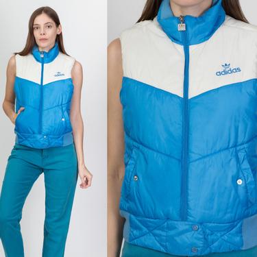 Adidas Blue & White Color Block Puffer Vest - Medium | Y2K Women's Streetwear Zip Up Sleeveless Puffy Jacket 