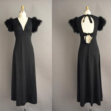 vintage 1970s | Gorgeous Black Marabou Feather Cut Out Back Full Length Cocktail Party Dress | Medium | 70s dress 